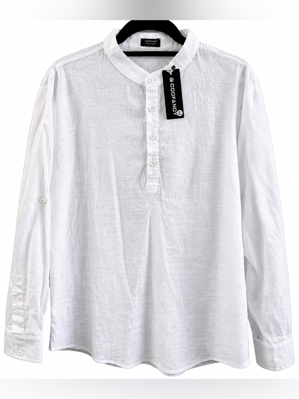 COOFANDY Men’s Large White Cotton Hemp Henley Mandarin Collar Shirt NWT